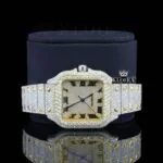 Yellow Gold Square Dial Black Roman Numerals Moissanite Watch Close Up Front View