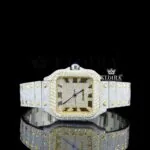 Cartior Moissanite Watch with Yellow Gold Square Dial and Black Roman Numerals