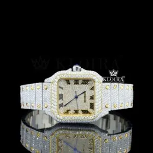 Cartior Moissanite Watch with Yellow Gold Square Dial and Black Roman Numerals