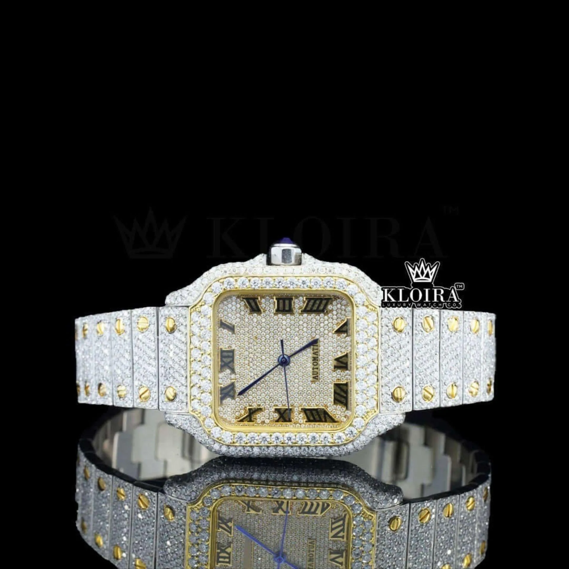 Cartior Moissanite Watch featuring yellow gold square dial and black Roman numerals