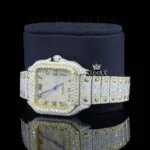 Yellow Gold Square Dial Black Roman Numerals Moissanite Watch Left Profile View