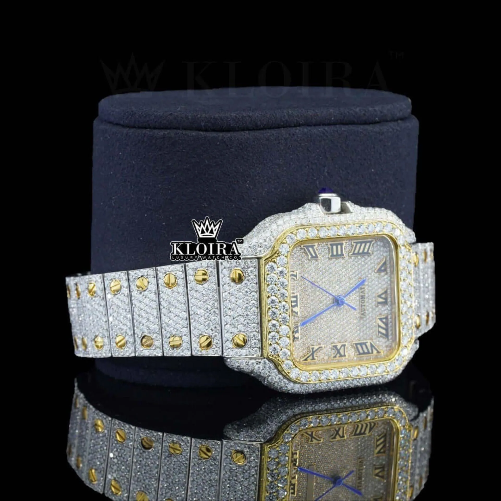 Yellow Gold Square Dial Black Roman Numerals Moissanite Watch Right Profile View