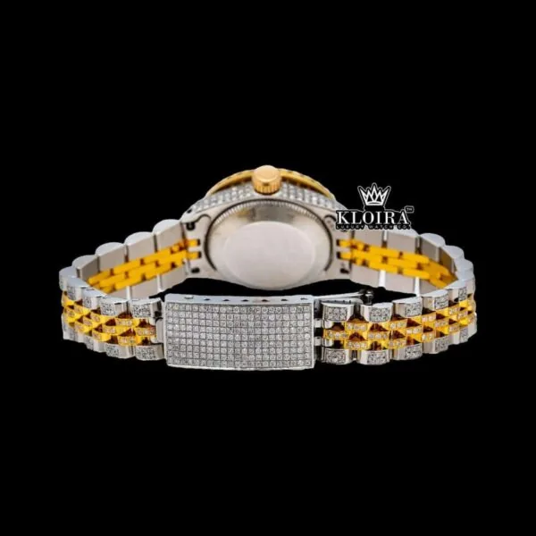 Yellow Gold Two Tone Black Dial Diamond Markers Moissanite Watch Caseback View