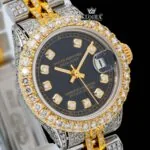Yellow Gold Two Tone Black Dial Diamond Markers Moissanite Watch Close Up Dial View