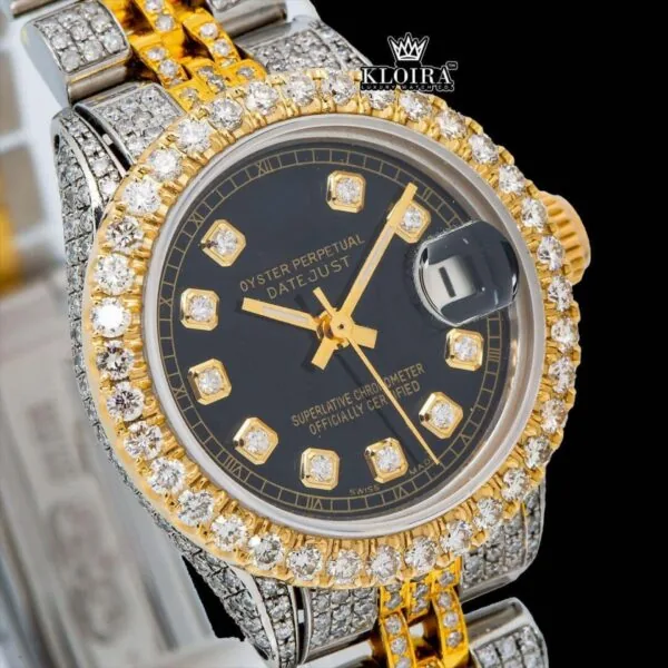 Yellow Gold Two Tone Black Dial Diamond Markers Moissanite Watch Close Up Dial View