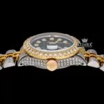 Yellow Gold Two Tone Black Dial Diamond Markers Moissanite Watch Crown View