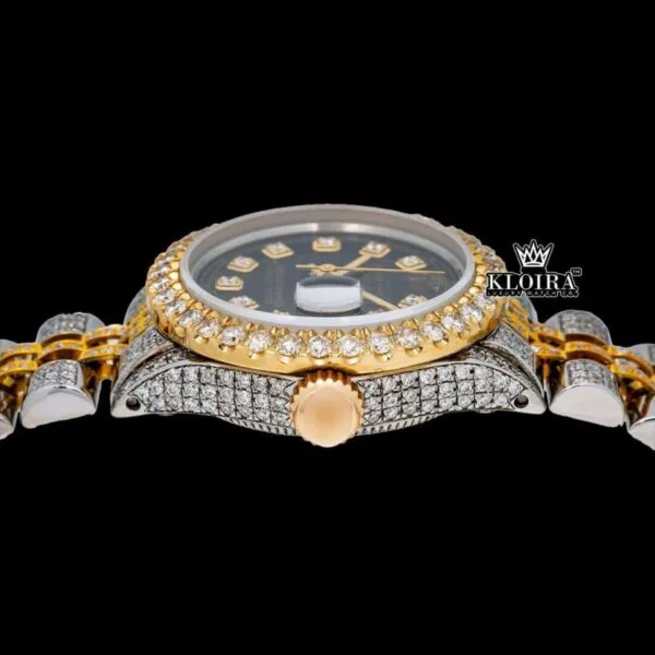 Yellow Gold Two Tone Black Dial Diamond Markers Moissanite Watch Crown View