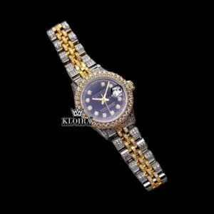 Roles Yellow Gold Two Tone Black Dial Moissanite Watch