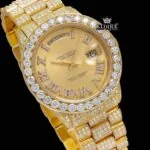 Yellow Roman Dial Day Date Display Iced Out Yellow Gold Moissanite Watch Close Up Dial View