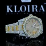 Yellow Roman Dial Two Tone Classic Link Strap Moissanite Watch Left Strap View