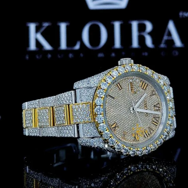 Yellow Roman Dial Two Tone Classic Link Strap Moissanite Watch Left Strap View