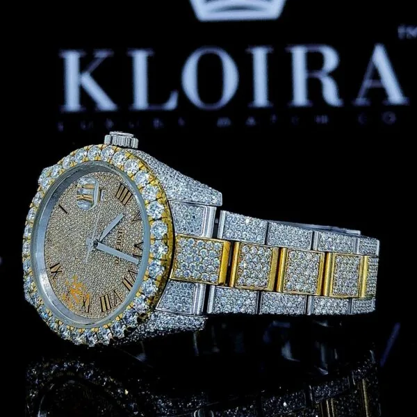 Yellow Roman Dial Two Tone Classic Link Strap Moissanite Watch Right Strap View