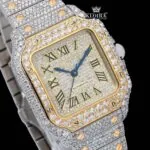 Yellow Roman Dial Two Tone Iced Out Moissanite Diamond Watch Close Up Dial View