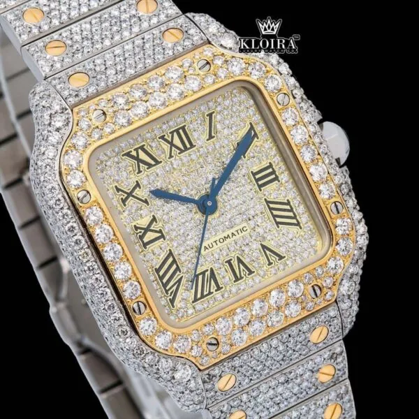 Yellow Roman Dial Two Tone Iced Out Moissanite Diamond Watch Close Up Dial View