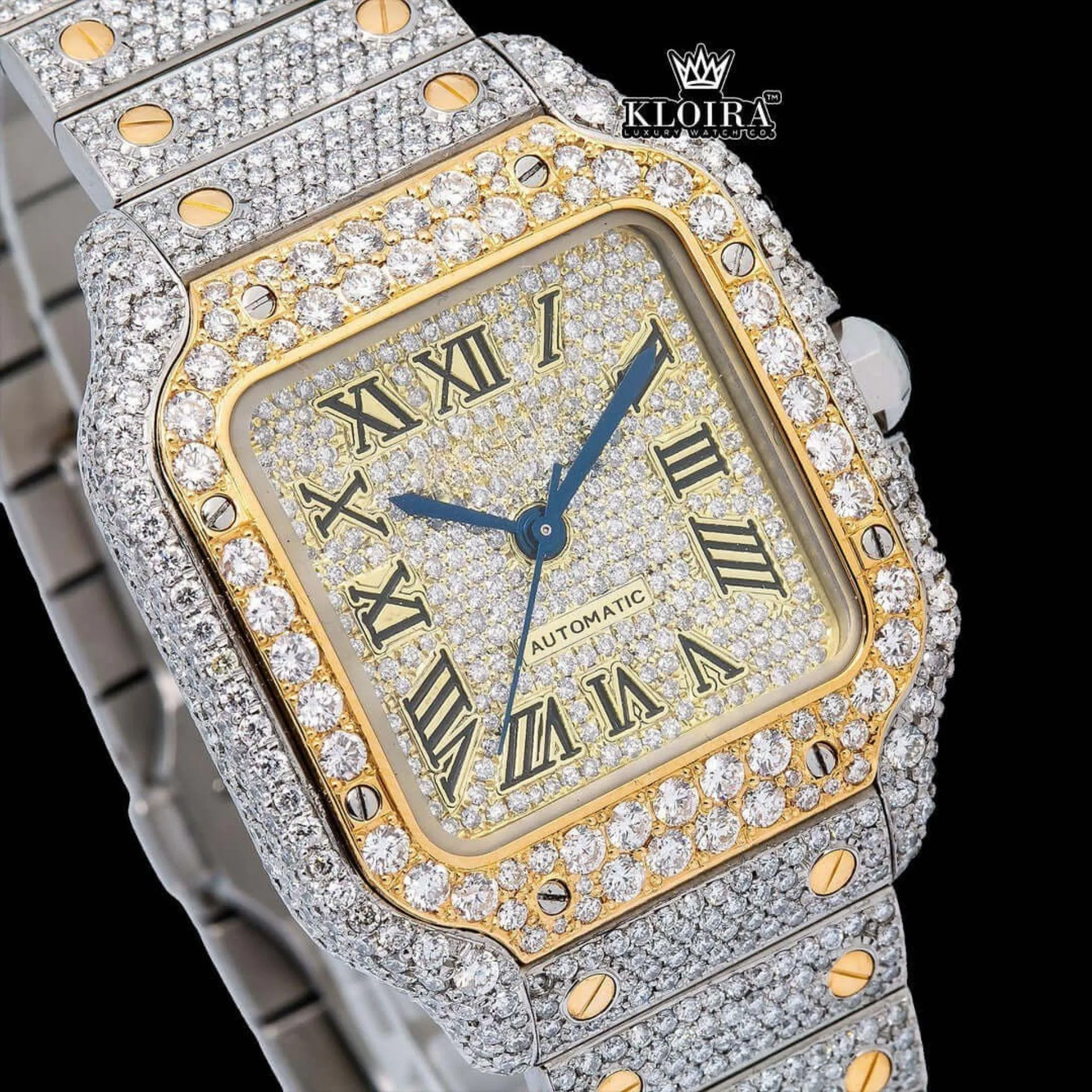Yellow Roman Dial Two Tone Iced Out Moissanite Diamond Watch Close Up Dial View