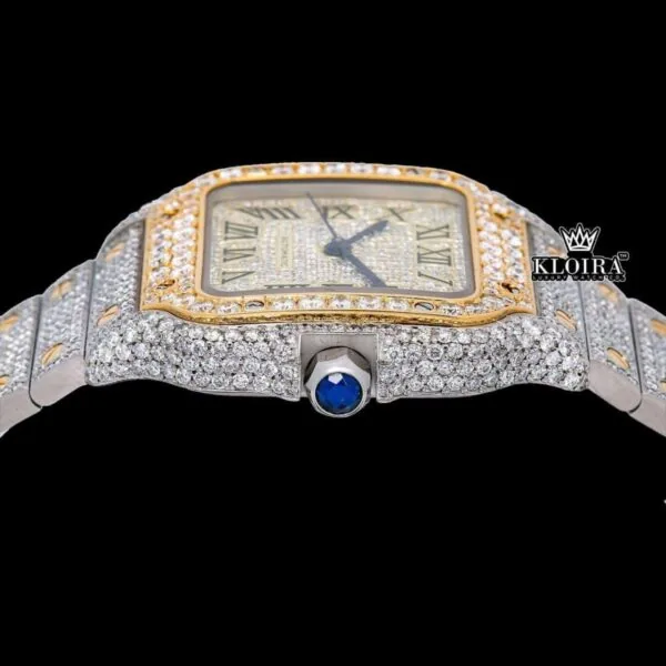 Yellow Roman Dial Two Tone Iced Out Moissanite Diamond Watch Crown View