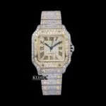 Cartior Yellow Roman Dial Two Tone Iced Out Moissanite Watch with sparkling diamonds