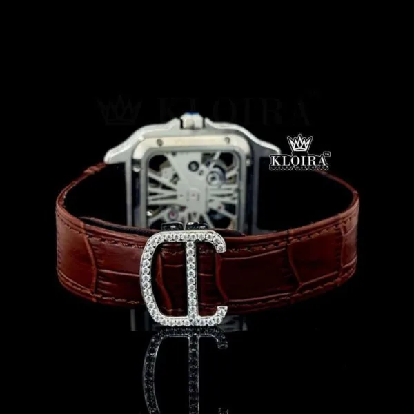 Yellow Skeleton Dial Brown Leather Strap Moissanite Diamond Watch Caseback View