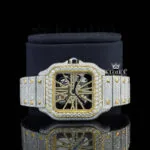 Yellow Skeleton Dial Fully Iced Out Two Tone Moissanite Diamond Watch Front Close Up View