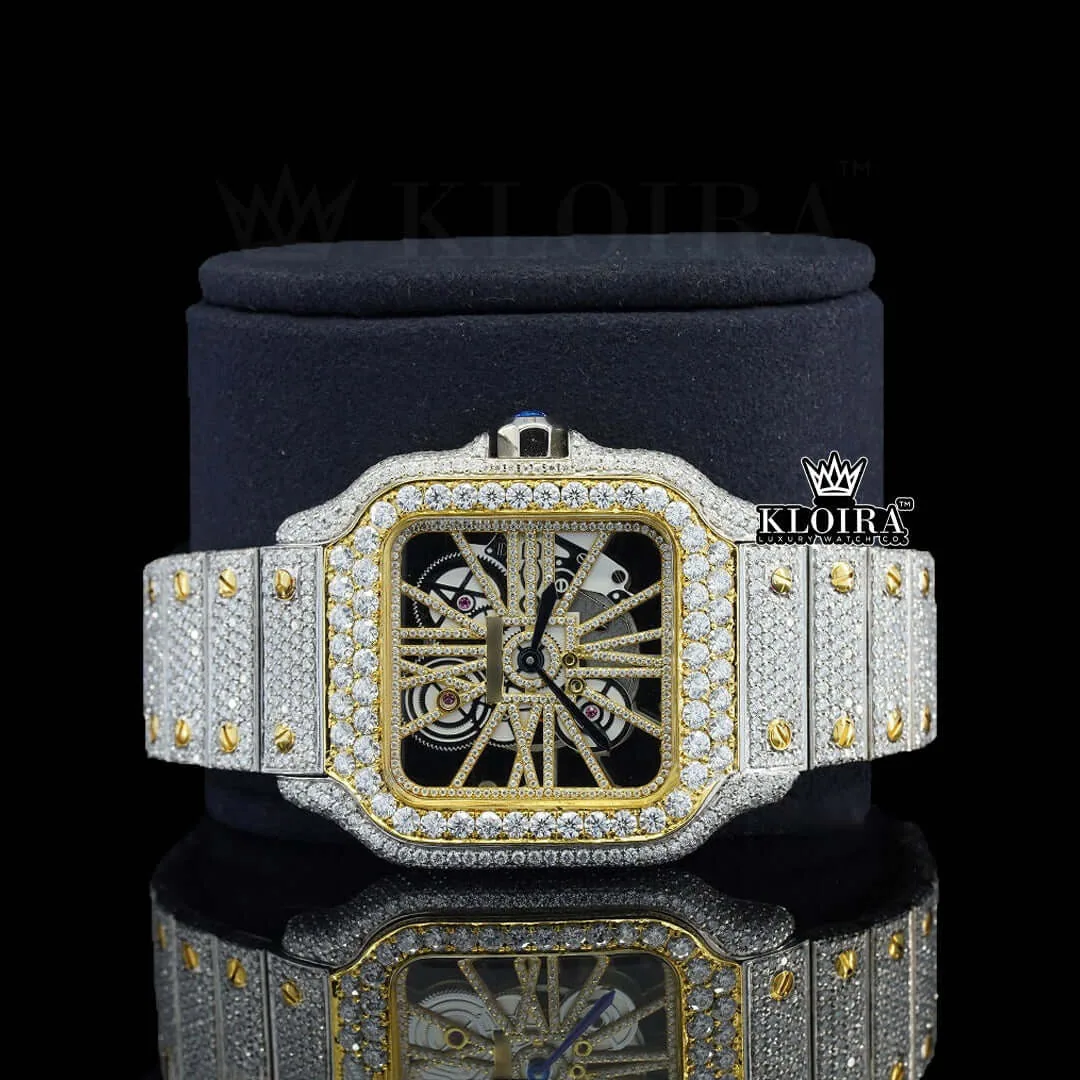 Yellow Skeleton Dial Fully Iced Out Two Tone Moissanite Diamond Watch Front Close Up View