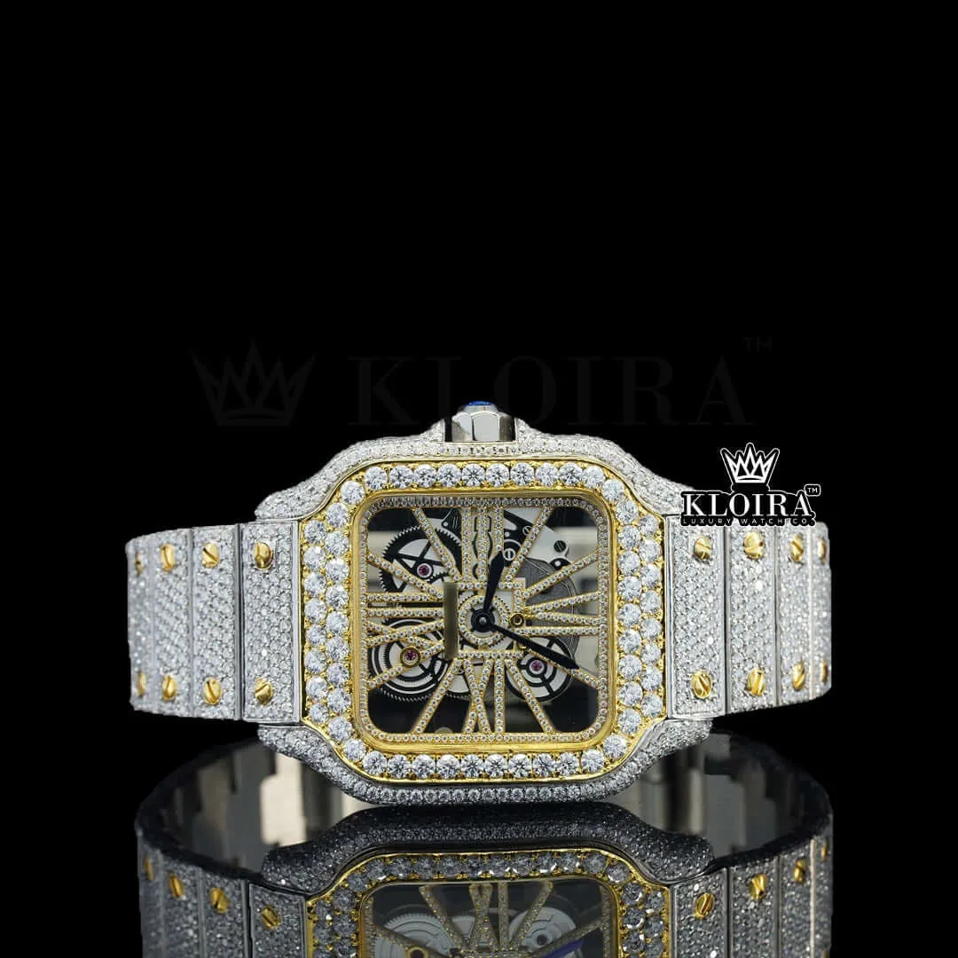 Cartior Yellow Skeleton Dial Moissanite Watch with Iced Out Design