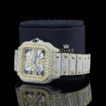 Yellow Skeleton Dial Fully Iced Out Two Tone Moissanite Diamond Watch Left Profile View