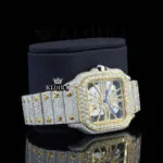 Yellow Skeleton Dial Fully Iced Out Two Tone Moissanite Diamond Watch Right Profile View