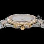 Yellow Stick Markers White Dial Two Tone Iced Out Moissanite Watch Crown View
