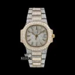 Patik Philippe Two Tone Iced Out Moissanite Watch with White Dial and Yellow Stick Markers
