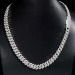 10mm Round Moissanite Cuban Link Chain DiamondVibe in 14K White Gold Neck