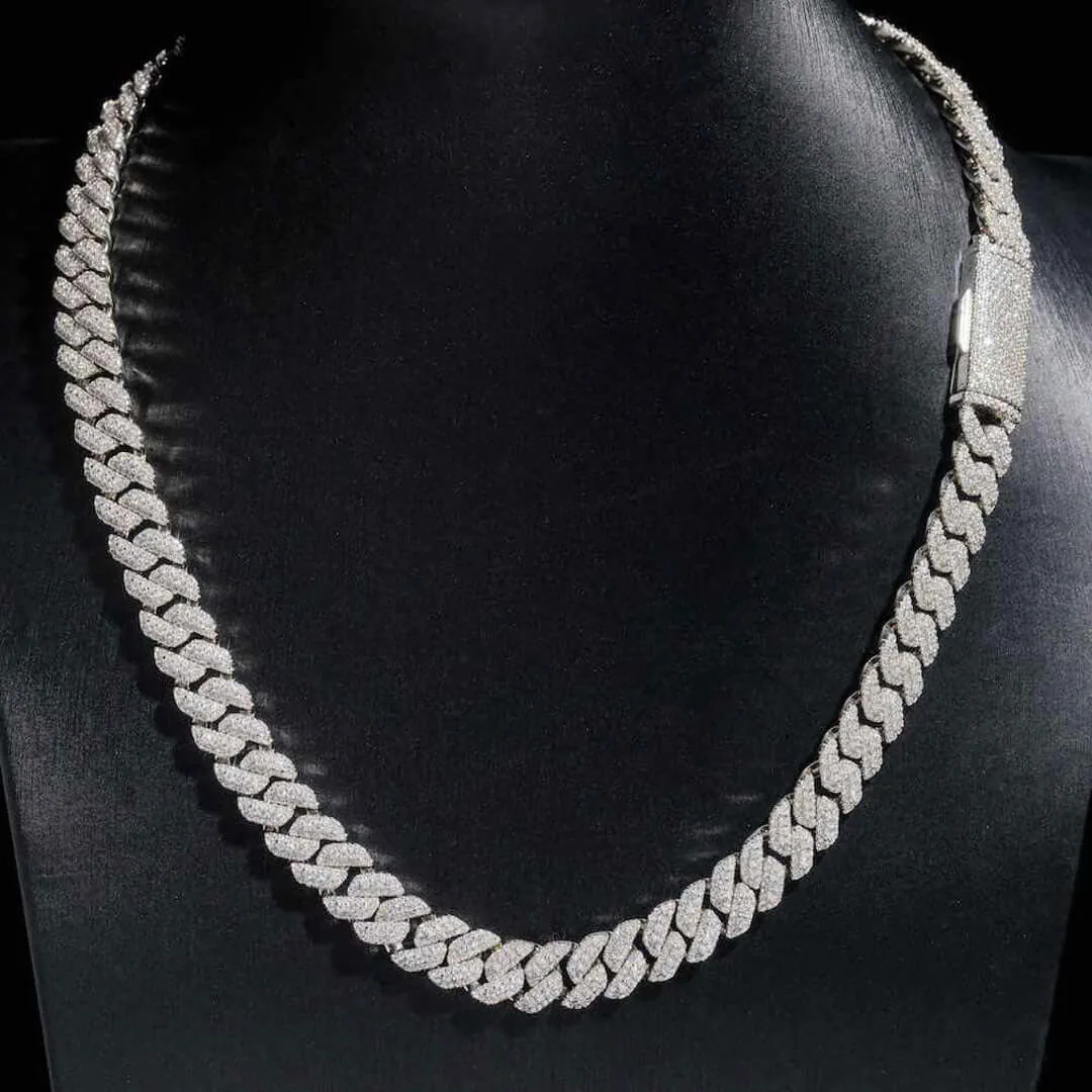 10mm Round Moissanite Cuban Link Chain DiamondVibe in 14K White Gold Neck