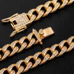 10mm Round Moissanite Cuban Link Chain Goldrush in 14K Yellow Gold Closeup Clasp