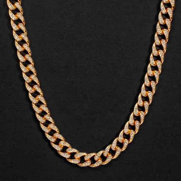 10mm Round Moissanite Cuban Link Chain Goldrush in 14K Yellow Gold Closeup Front