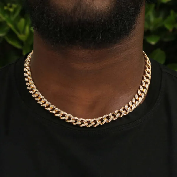 10mm Round Moissanite Cuban Link Chain Goldrush in 14K Yellow Gold Neck
