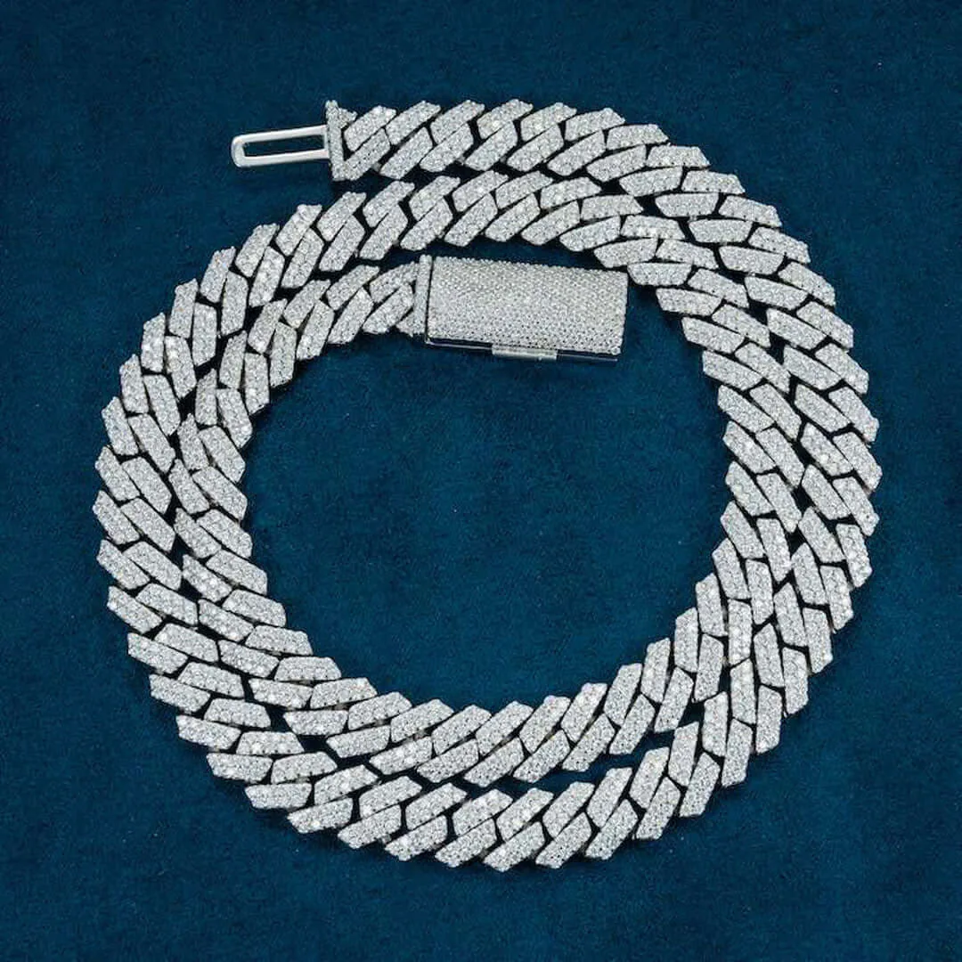 Moissanite Cuban Link Chain Luxora in 14K White Gold featuring round cut stones