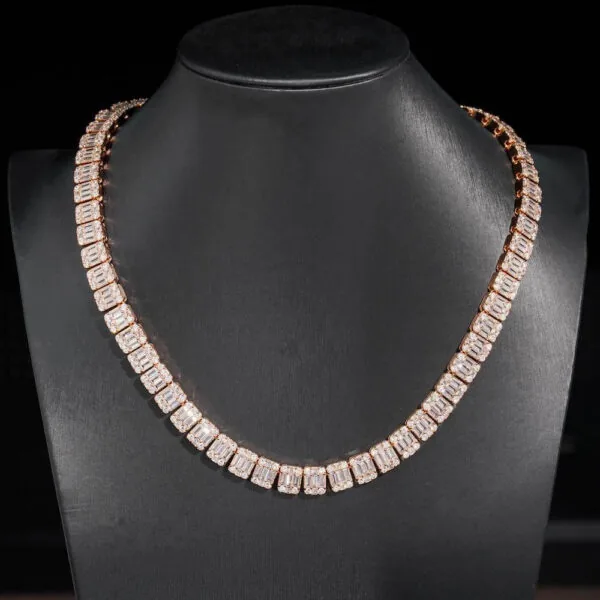 11mm Round Moissanite Tennis Chain BaguetteGlow in 14K Rose Gold Closeup Neck View