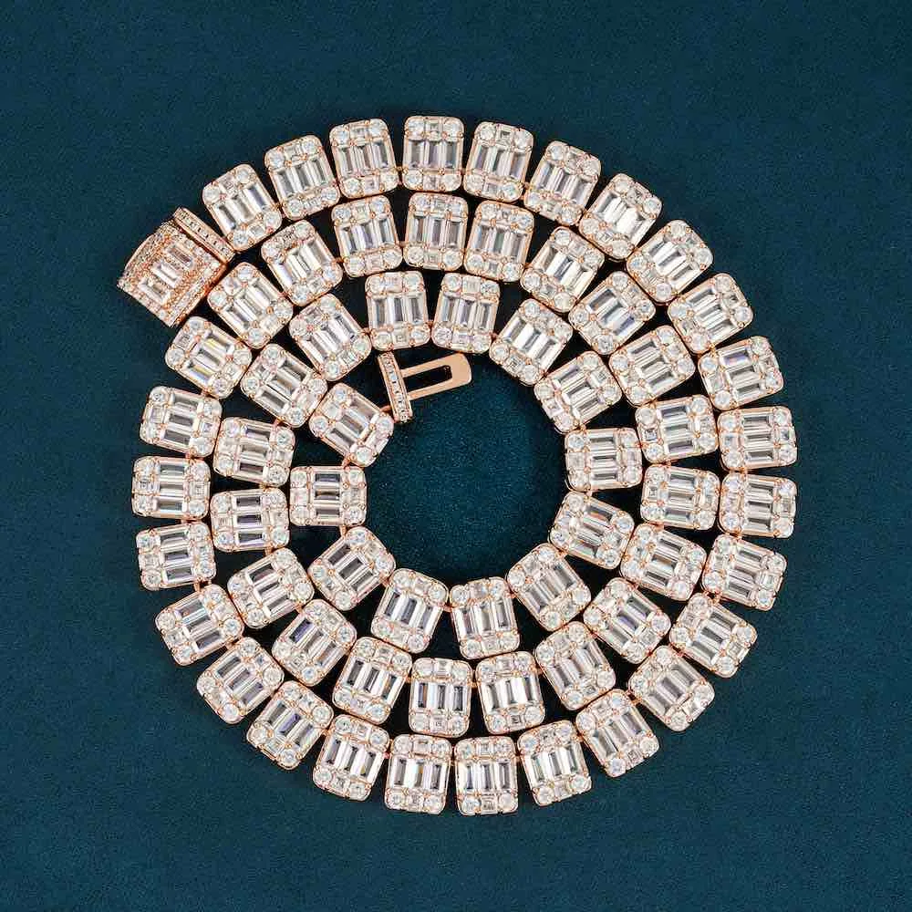 11mm Round Moissanite Tennis Chain in 14K Rose Gold showcasing sparkling baguette details