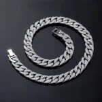Moissanite Cuban Link Chain Silvage in luxurious 14K White Gold featuring 13mm Round Cut stones.