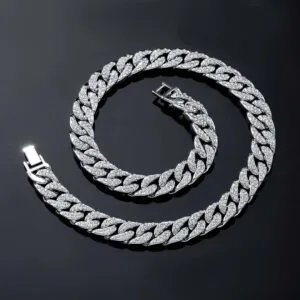 Moissanite Cuban Link Chain Silvage - 14K White Gold, 13mm Round Cut