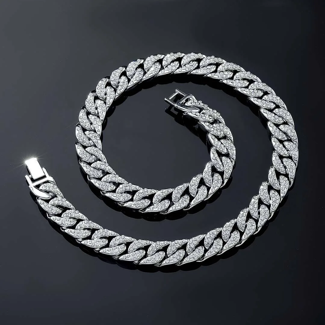 Moissanite Cuban Link Chain Silvage in luxurious 14K White Gold featuring 13mm Round Cut stones.