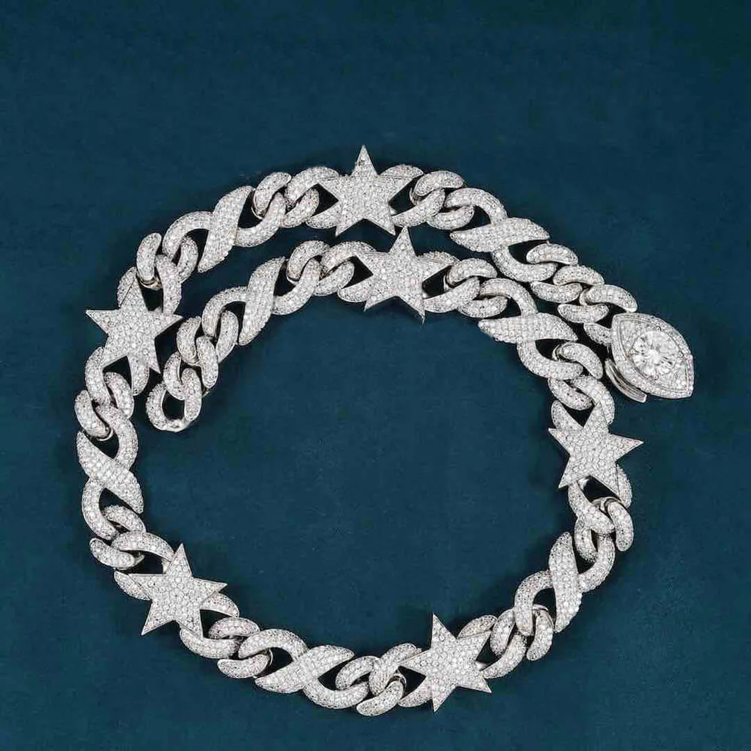 15mm Round Moissanite Cuban Link Chain Astral Mesh in 14K White Gold with luxurious shine