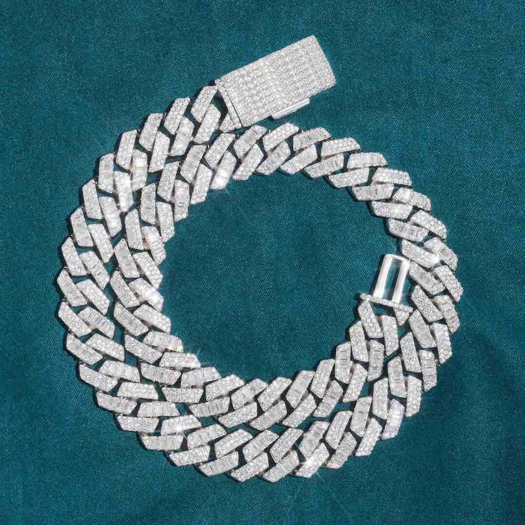 15mm Round Moissanite Cuban Link Chain Vivid Weave in 14K White Gold, showcasing its exquisite sparkle and design.