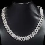 15mm Round Moissanite Cuban Link Chain VividWeave in 14K White Gold Neck