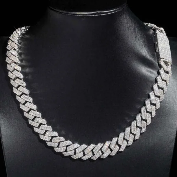 15mm Round Moissanite Cuban Link Chain VividWeave in 14K White Gold Neck