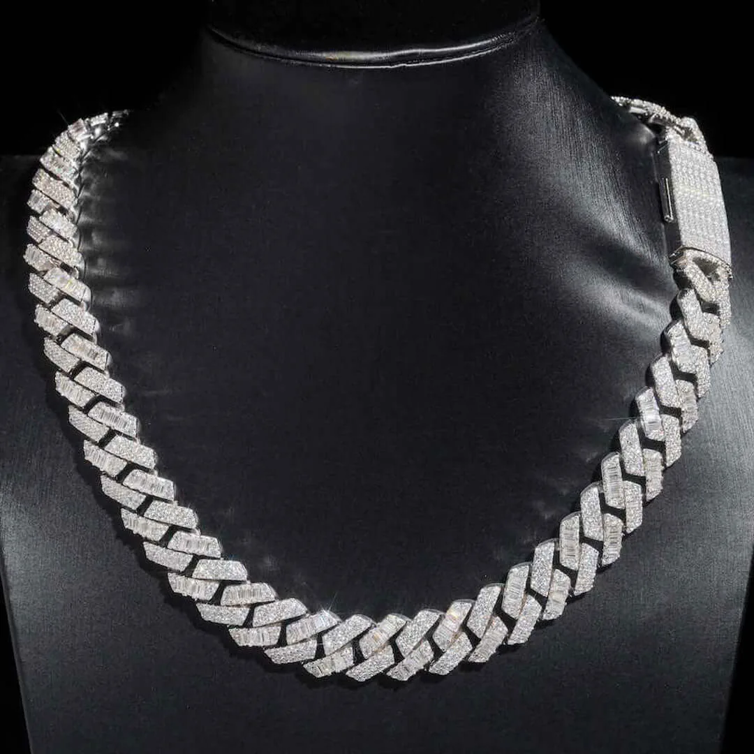 15mm Round Moissanite Cuban Link Chain VividWeave in 14K White Gold Neck