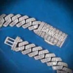 18mm Emerald Moissanite Cuban Link Chain GoldenTide in 14K White Gold Closeup Clasp