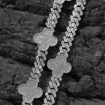 18mm Round Moissanite Cuban Link Chain FloralLink in 14K White Gold Closeup