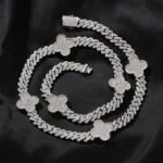 Moissanite Cuban Link Chain Floral Link - 14K White Gold, 18mm Round Cut