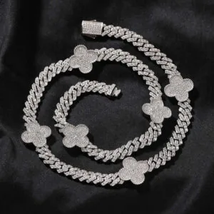 Moissanite Cuban Link Chain Floral Link - 14K White Gold, 18mm Round Cut
