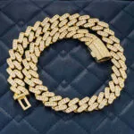 18mm Round Moissanite Cuban Link Chain Golden Blaze in 14K Yellow Gold Closeup Full Front